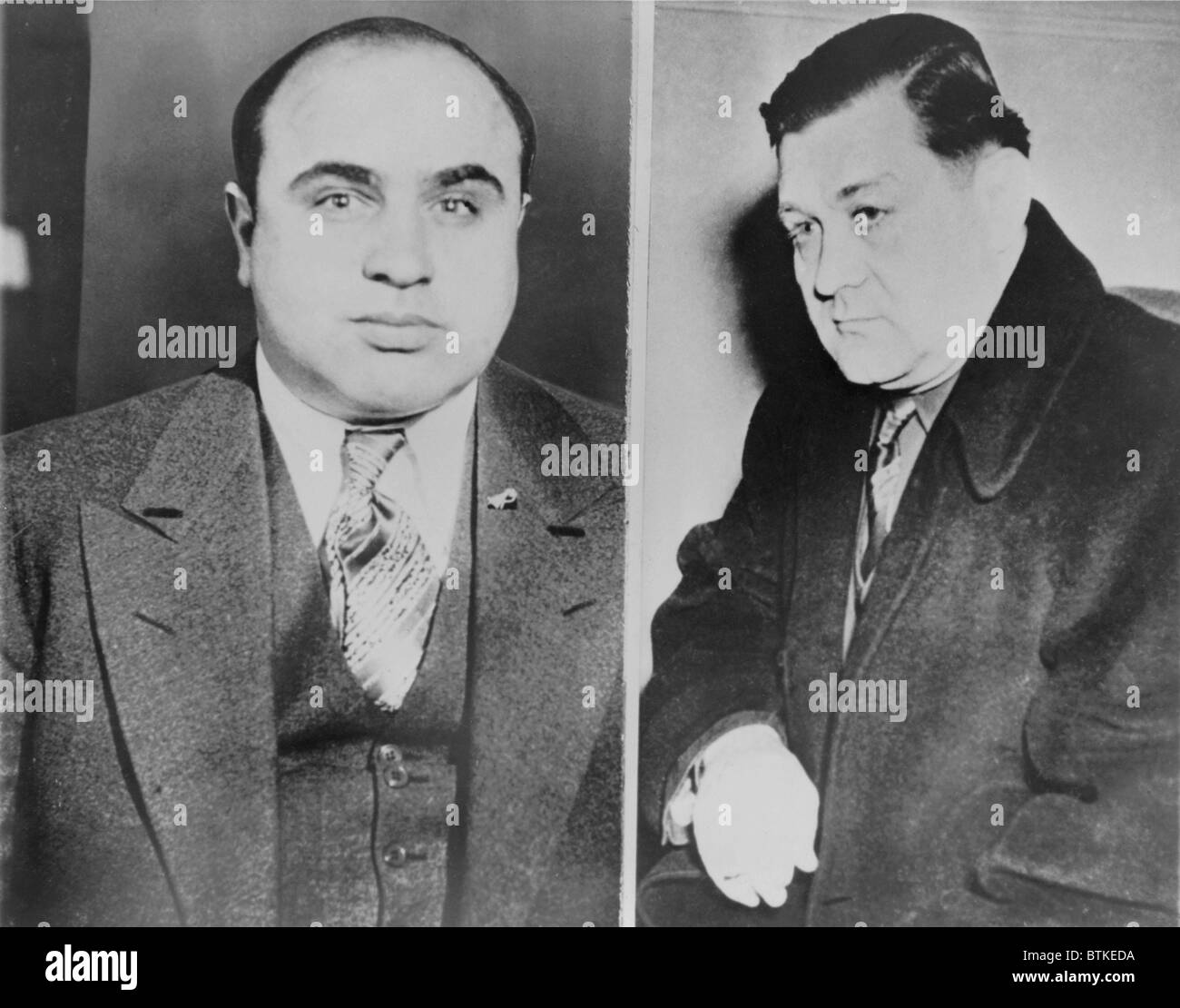 Al Capone (links) und seinen Rivalen, George "Bugs" Moran, Polnisch-irischer der Chef von der North Side Gang. Capone getötet 6 Mitglieder der Morans Gang am St. Valentines Day Massacre. Ca. 1930. Stockfoto