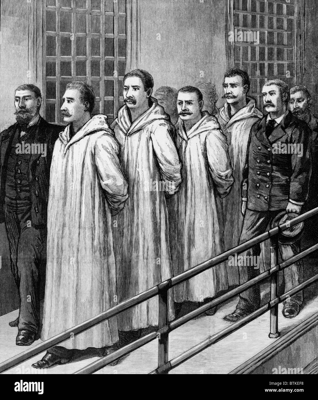 Vier Chicago Anarchisten verurteilt Mord an sieben Polizisten während der Haymarket Riot der 4. Mai 1887, auf dem Weg zu ihrer Hinrichtung durch Erhängen im Cook County Jail, November 1887. Stockfoto
