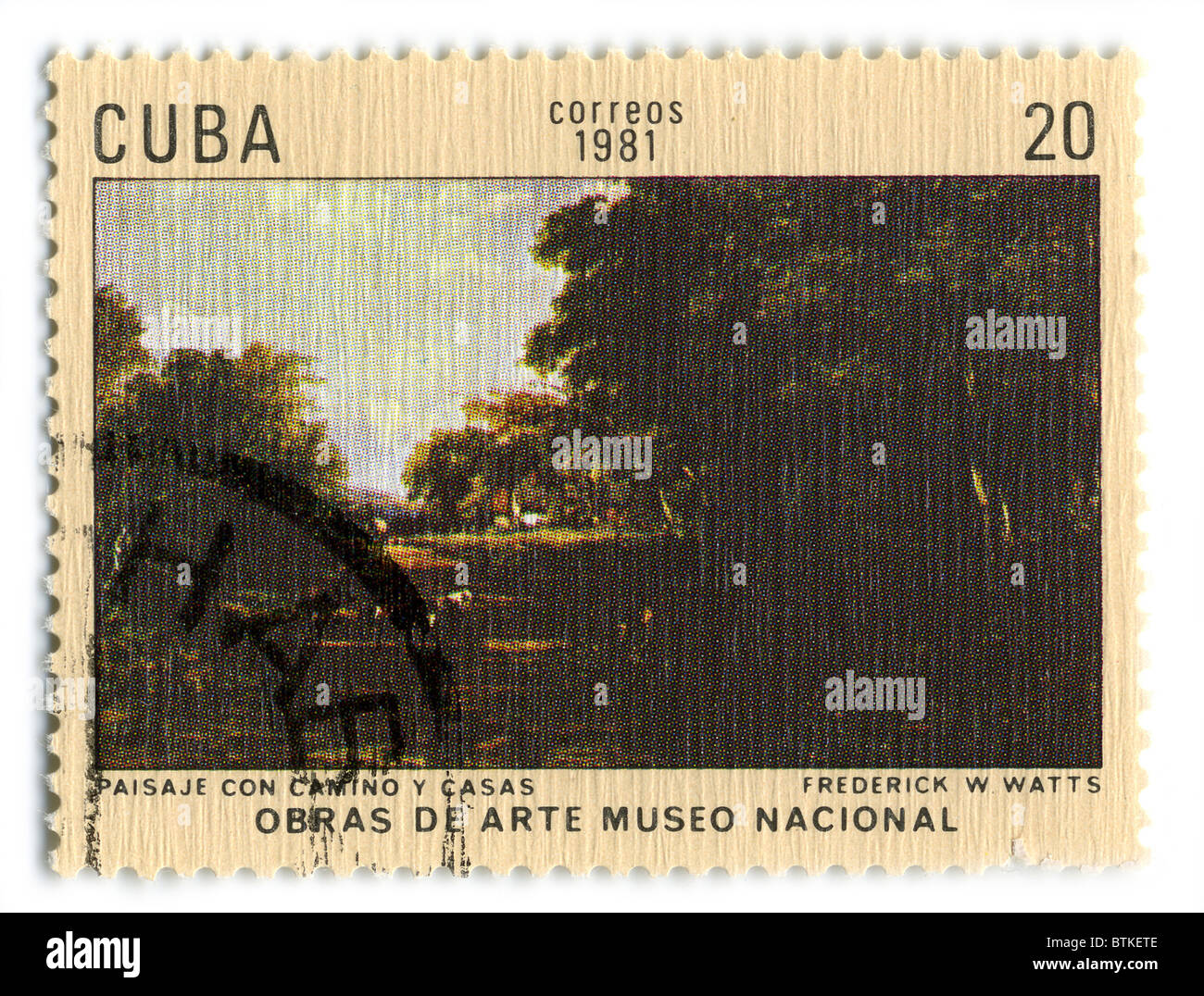 Kuba - ca. 1981: Eine Briefmarke von Frederick W. Watt "Landschaft mit Strasse und Heimat", ca. 1981 in Kuba zeigt Farbe gedruckt. Stockfoto