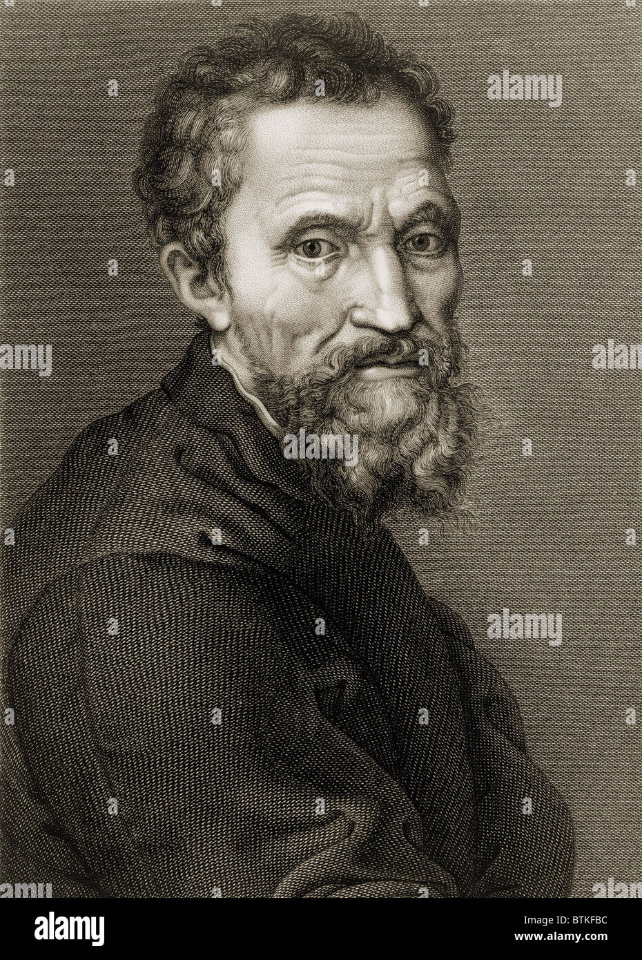 Michelangelo Buonarroti (1475-1564), italienischer Renaissance-Maler, Bildhauer und Architekt. 19. Jahrhundert Kupferstich von Jean Louis Potrelle nach Michelangelo Selbstporträt von ca. 1530. Stockfoto