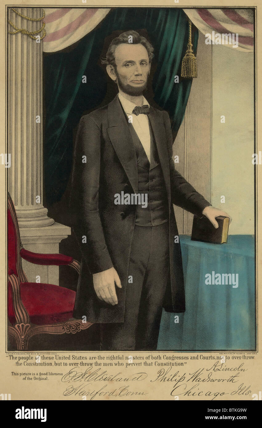 Beliebte Druck von Präsident Abraham Lincoln veröffentlicht 1864, als er für seine zweite Amtszeit als Präsident gewählt wurde. Unter dem handkolorierten lithographischen Portrait ist ein Lincoln Zitat. Stockfoto
