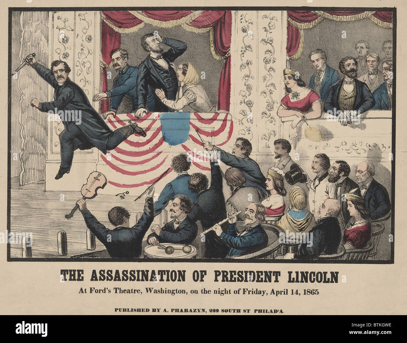 Lincoln-Attentäter John Wilkes Booth, mit Messer in der Hand, sprang aus der Präsidenten Ford es Theater auf die Bühne. 14. April 1865. Druck zeigt ungenau Lincoln stehen, nachdem er angeschossen wurde. Stockfoto