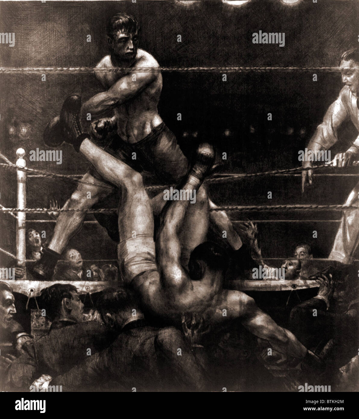 Jack Dempsey klopfte aus dem Ring von Luis Firpo in der ersten Runde des Kampfes in den Polo Grounds in New York am 14. September 1923. Lithografie von George Bellows, 1924. Stockfoto