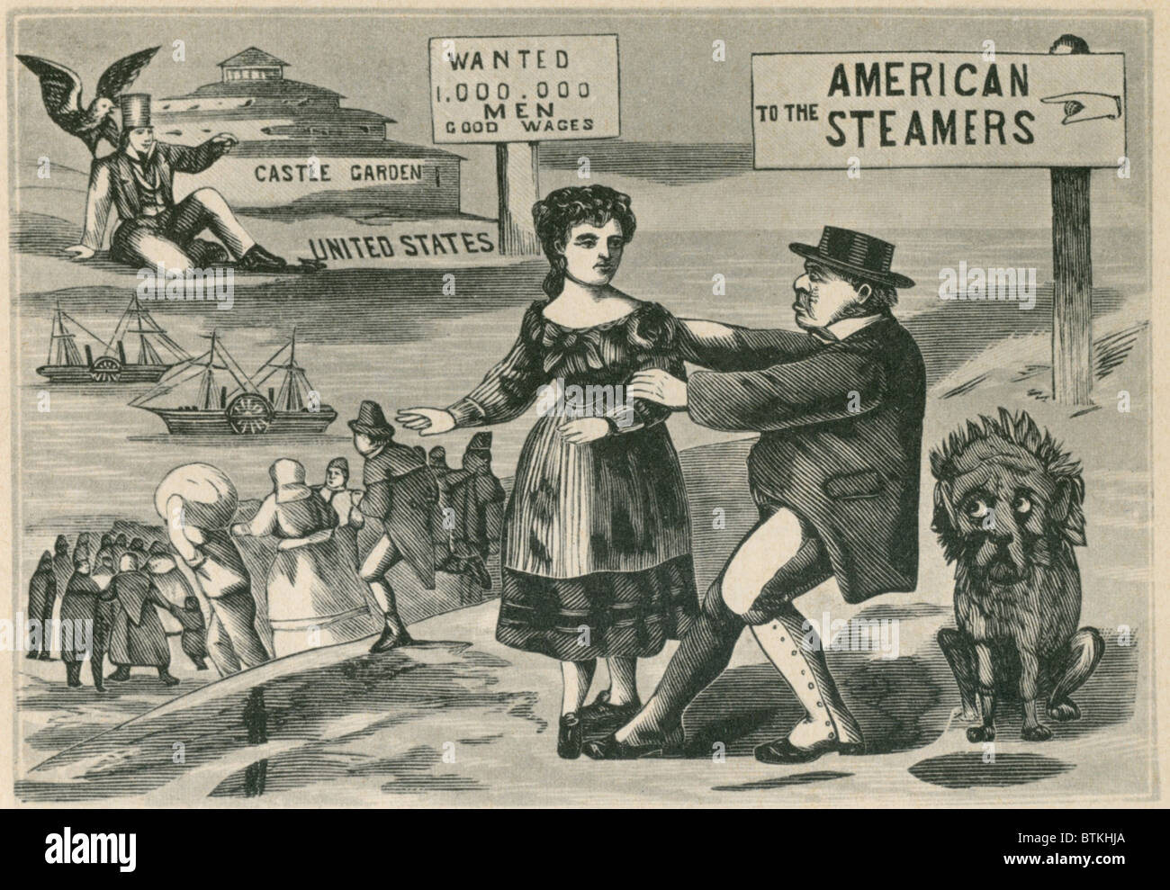 DIE VERLOCKUNG DES AMERIKANISCHEN LÖHNE. John Bull (Personifizierung von England) hemmt eine weibliche Emigrant, Überschrift für Dampfschiffe in die Vereinigten Staaten. In den 1840er und 50er Jahren USA wurden die Löhne höher als Europas und die expandierenden Textilindustrie zog Frauen. Ca. 1855 Stockfoto