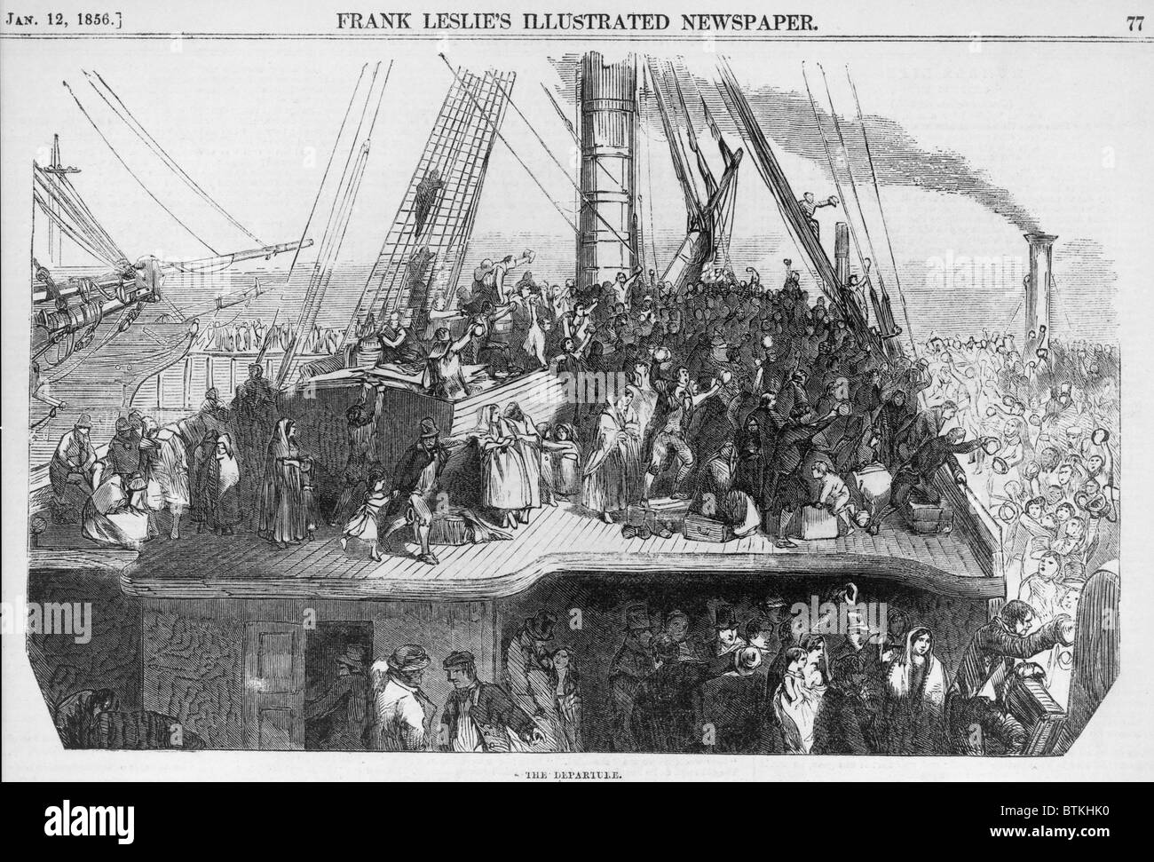 Einwanderer Abschied Publikum auf Dock, winken, als ihr Schiff einer westeuropäischen verlässt port für Nordamerika. Holzstiche 1850-1860. Stockfoto