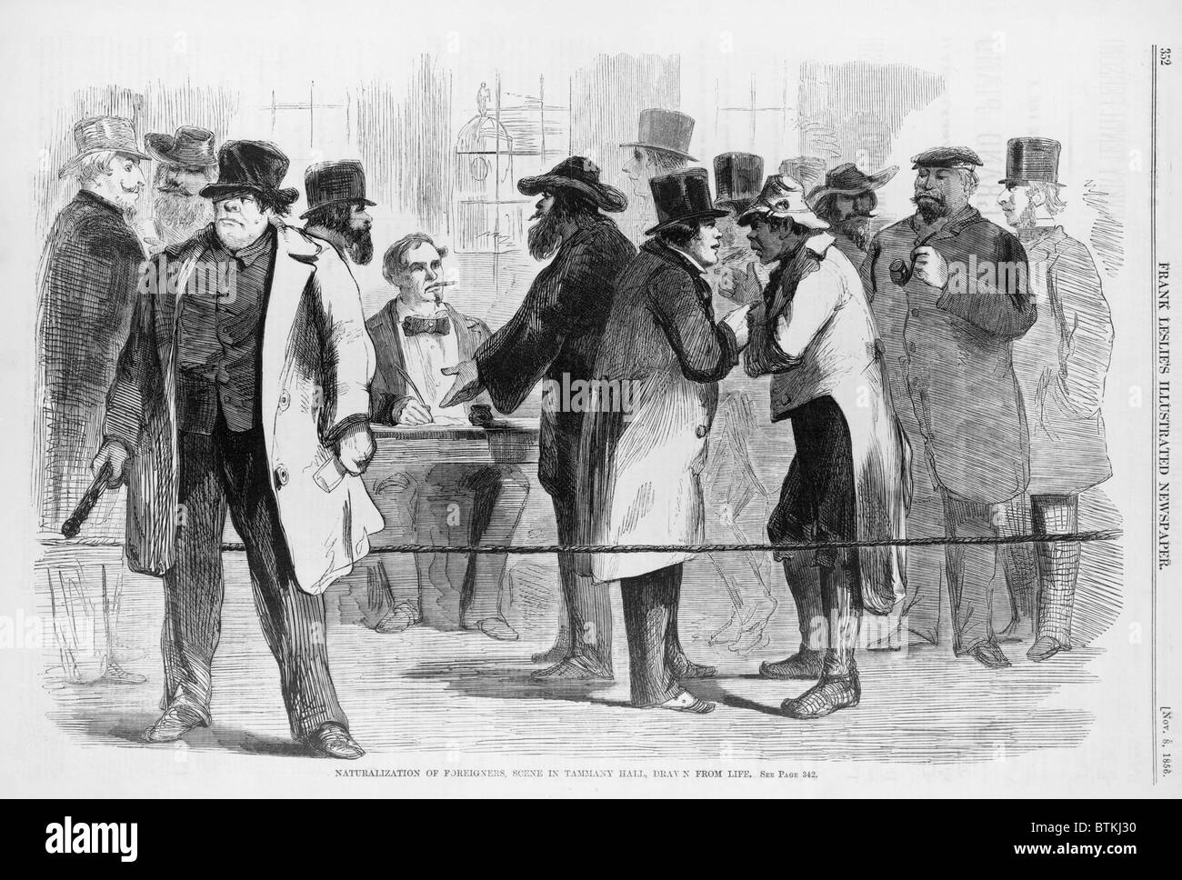 Einbürgerung von Ausländern, Szene in Tammany Hall in New York City vor den Wahlen 1856. Im Vordergrund links eine grobe aussehender Mann mit einer Keule in der Hand, weist darauf hin, dass dies keine völlig unschuldig war. New Yorker Politiker umworbenen Einwanderer, Stimmen oft Ausstellung im Tausch gegen betrügerische Einbürgerung. Holzstich von Frank Leslie Illustrierte Zeitung, Novemebr 8, 1856. Stockfoto
