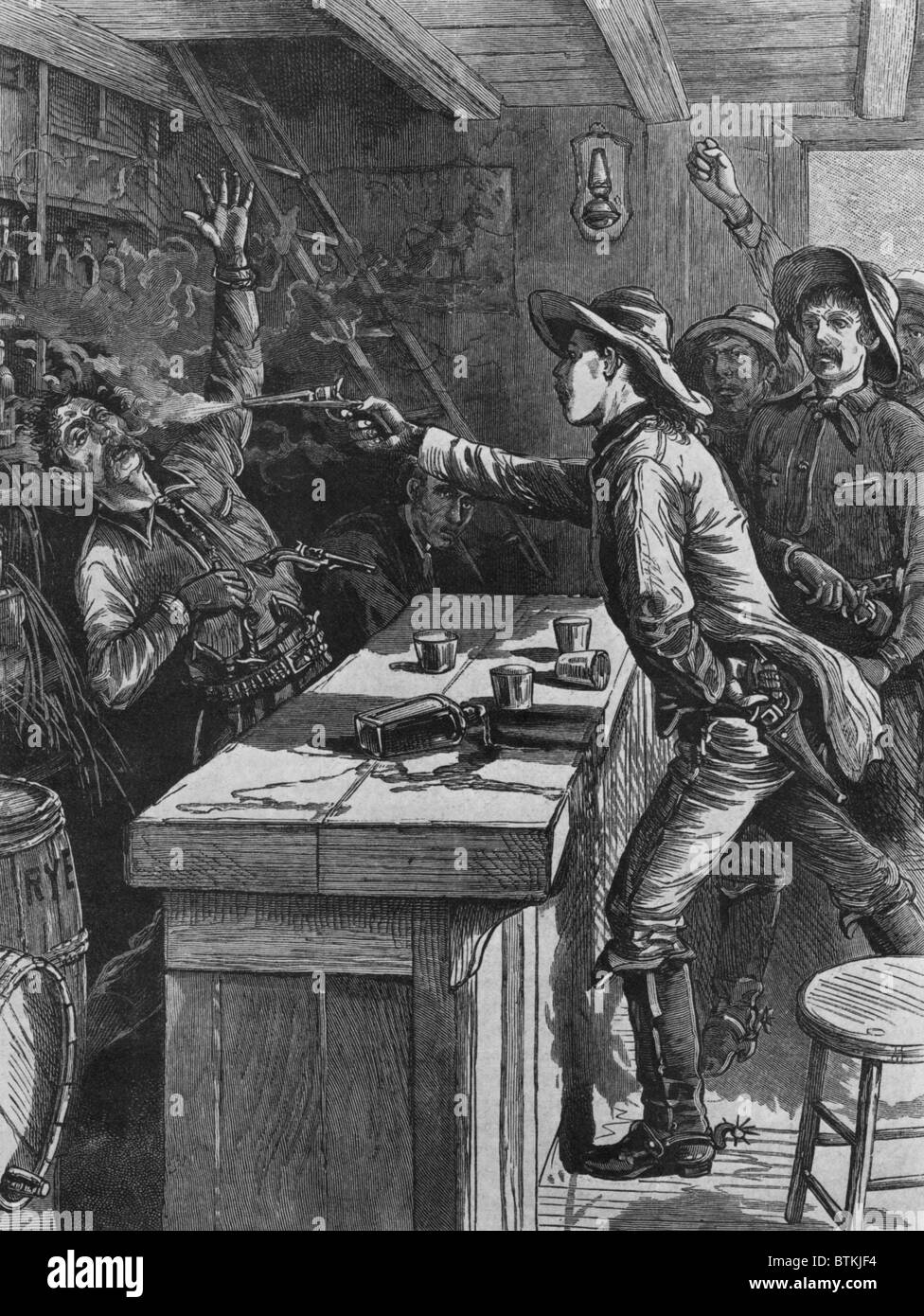 Billy the Kid (1859-81), schießen einen Barkeeper im Jahre 1880. Illustration aus der POLICE GAZETTE. Holzstich. Stockfoto