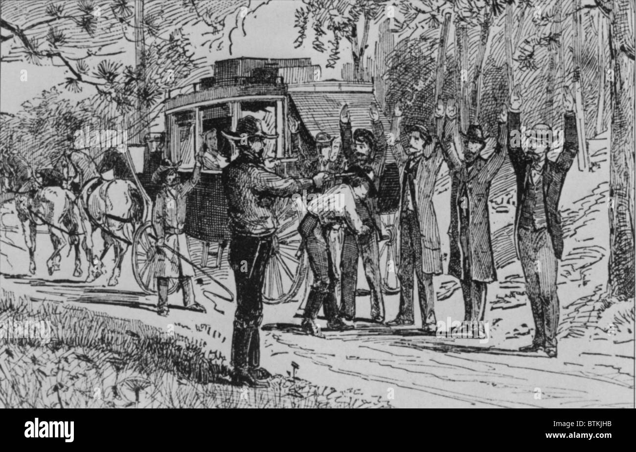 Jesse James und Bill Ryan Überfall auf eine Postkutsche von Touristen auf dem Weg nach Mammoth Cave am 3. September 1880. Das Bild zeichnet genau die Szene, wie von einem Zeugen beschrieben. Stockfoto