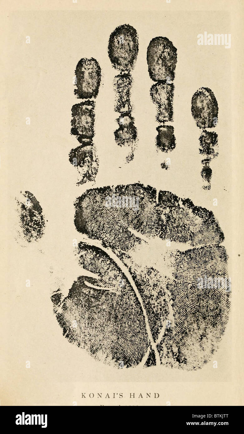 Seite drucken aus Indien. Sir William James Herschel (1933 – 1918), ein englischer Kolonialbeamter initiiert Fingerabdrücke in Indien in den 1850er Jahren für den Einsatz auf Verträge und Urkunden, um Betrug zu verhindern. Später erweiterte das seine Verwendung für kriminelle Identifikation. Stockfoto