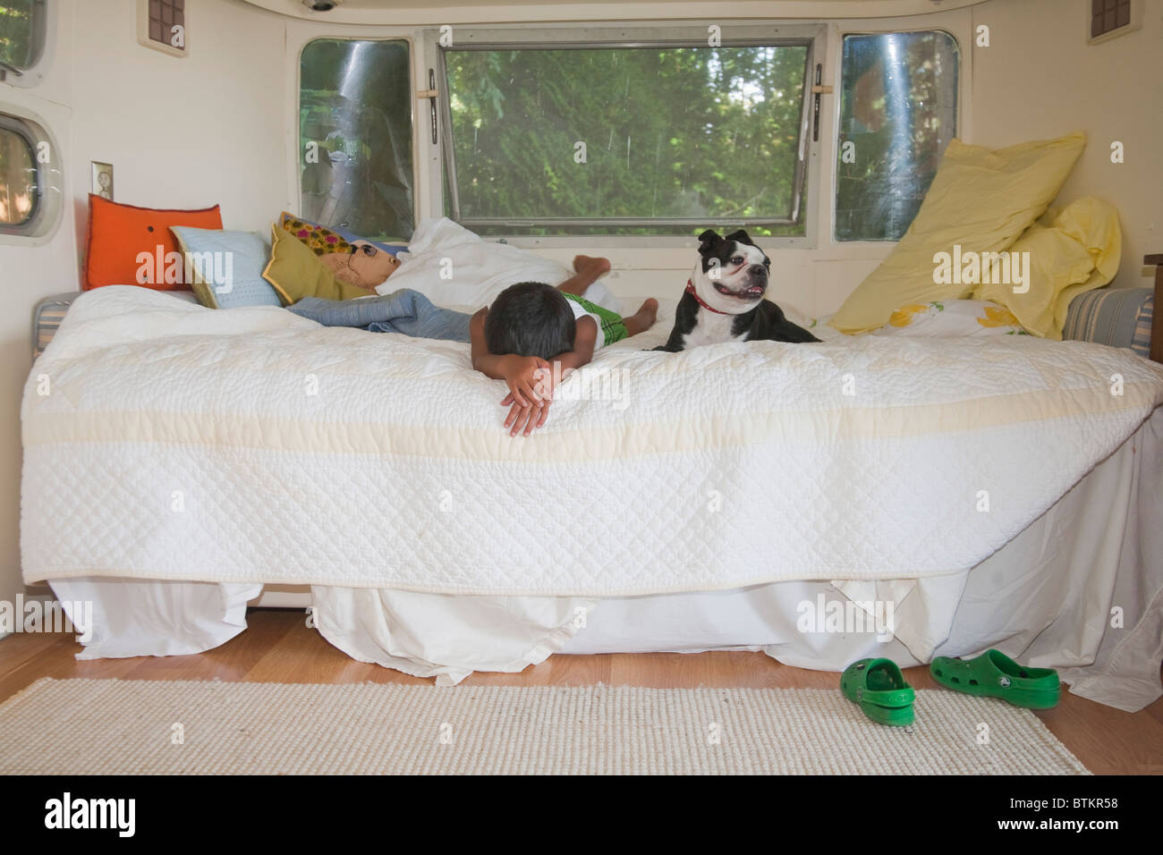 junge und Hund im Bett im Wohnmobil Stockfoto