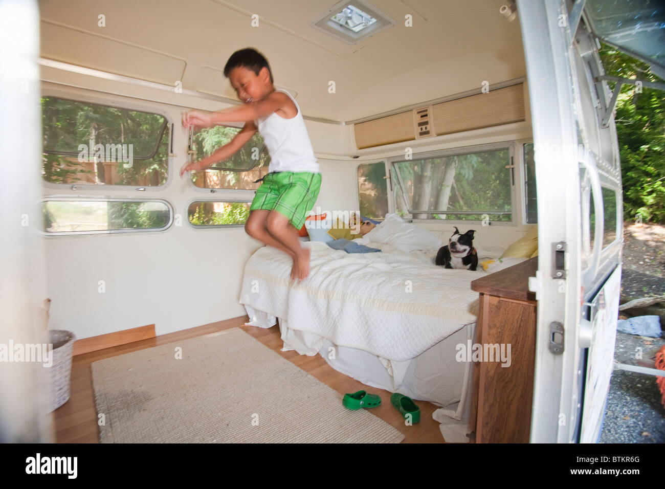 junge und Hund im Bett im Wohnmobil Stockfoto