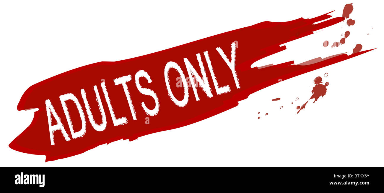 Spritzer rote Farbe zeigt den Begriff nur für Erwachsene. Alle auf weißem Hintergrund. Stockfoto