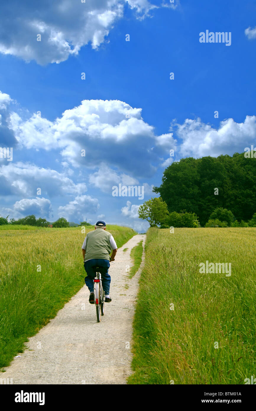 Ein Alter Mann Radfahren Trog Getreidefeldern. Stockfoto