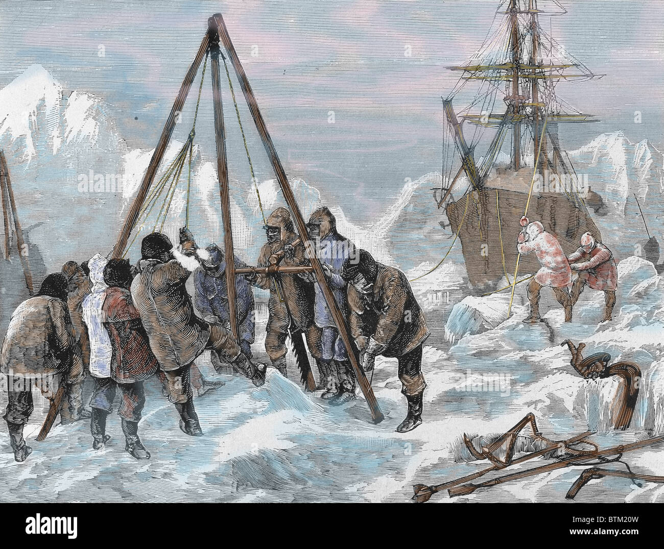 Nares, Sir George Strong (1831-1915). Britischer Marineoffizier und Polarforscher. Die Besatzung schneiden Eis für das Schiff navigiert. Stockfoto