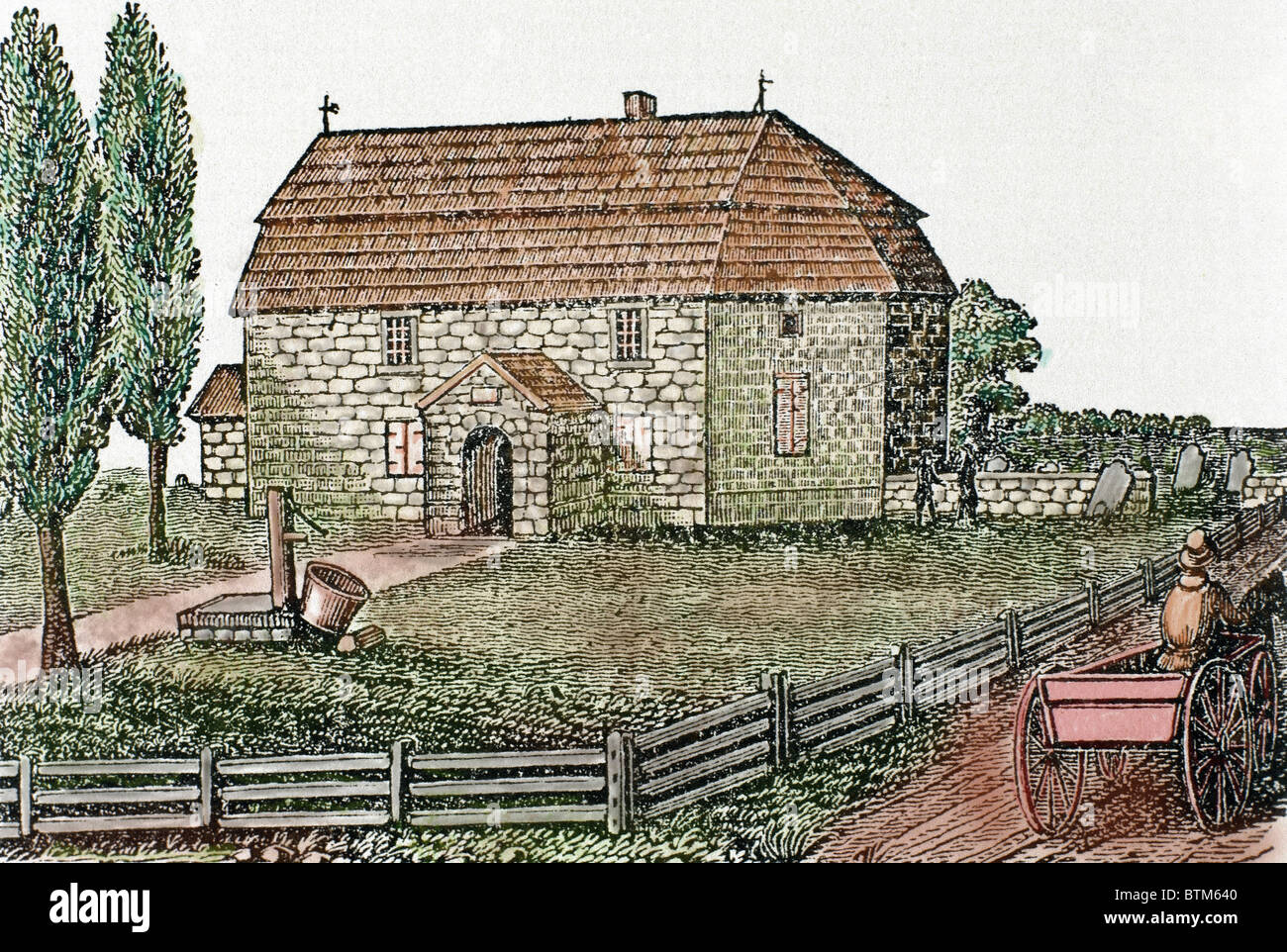 Lutherische Kirche. Erbaut im Jahre 1743. Trappe. USA. 19. Jahrhundert farbigen Gravur. Stockfoto