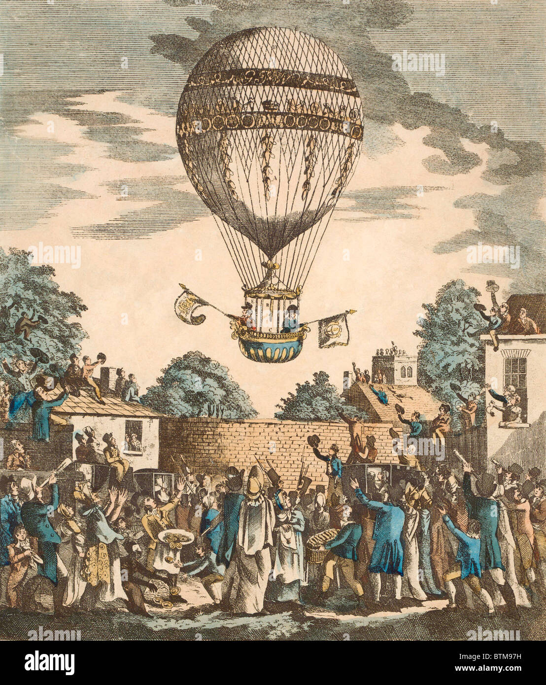 James Sadler und Kapitän Paget R.N aufsteigend in einem Ballon von Mermaid Tavern Gärten, Hackney, London, August 1811. Stockfoto