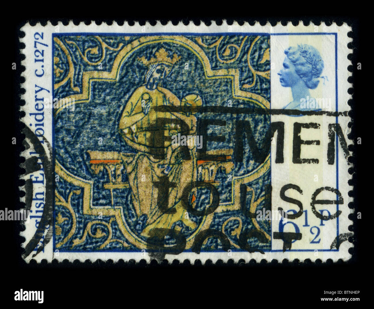 Vereinigtes Königreich - ca. 1972: Eine Briefmarke gedruckt in Großbritannien zeigt Bild der widmet sich der englische Stickerei Stickerei gearbeitet, in England oder durch die Engländer im Ausland von den angelsächsischen Zeiten bis zum heutigen Tag ca. 1972 enthält. Stockfoto