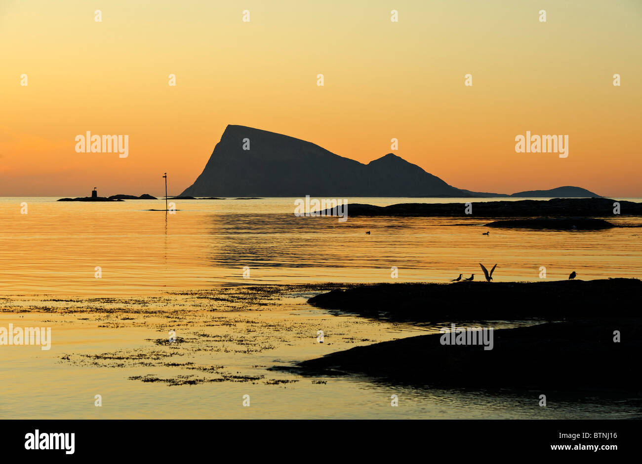 Orange und gelbe Licht der Mitternachtssonne. Silhouette des Berges zuschwamm (Håja) im Hintergrund. Troms, Nord-Norwegen Stockfoto