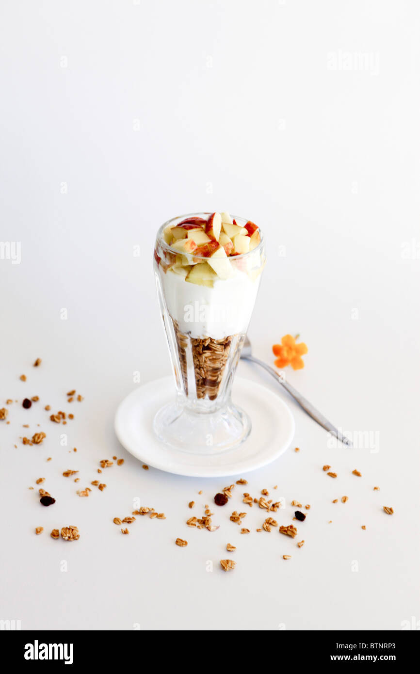Ein gesunder Snack Joghurt mit Müsli und Obstsalat Stockfoto