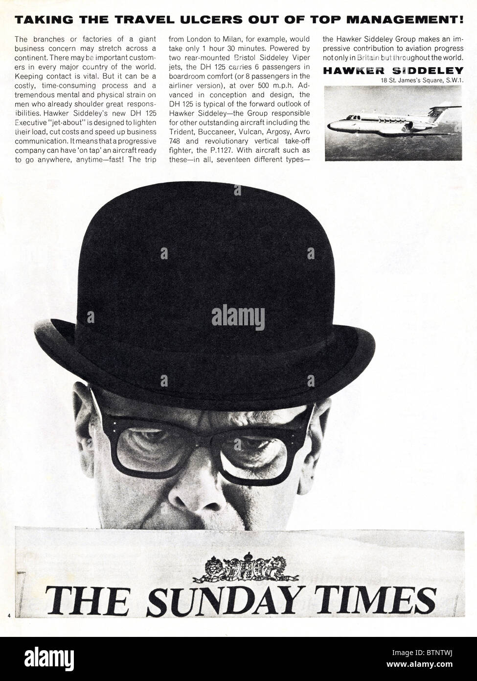Anzeige in englischen Magazin ca. 1963 für Hawker Siddley Executive Jet Flugzeug Stockfoto