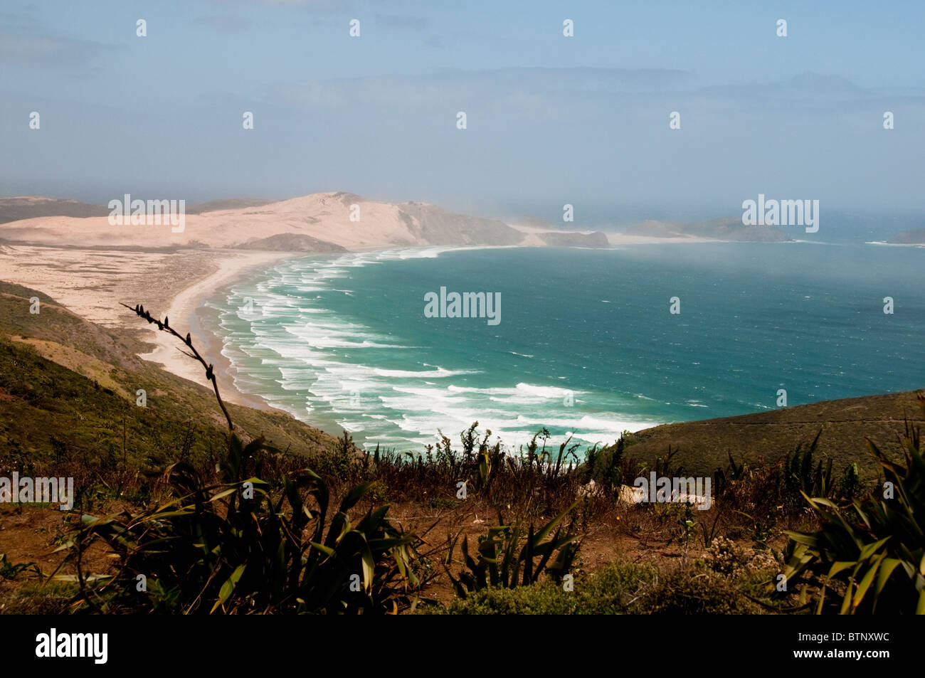 Cape Reinga, Leuchtturm, Cape Maria Van Dieman, Spirits Bay, Te Werahi Beach Motuopao Island, North Island, Neuseeland Stockfoto