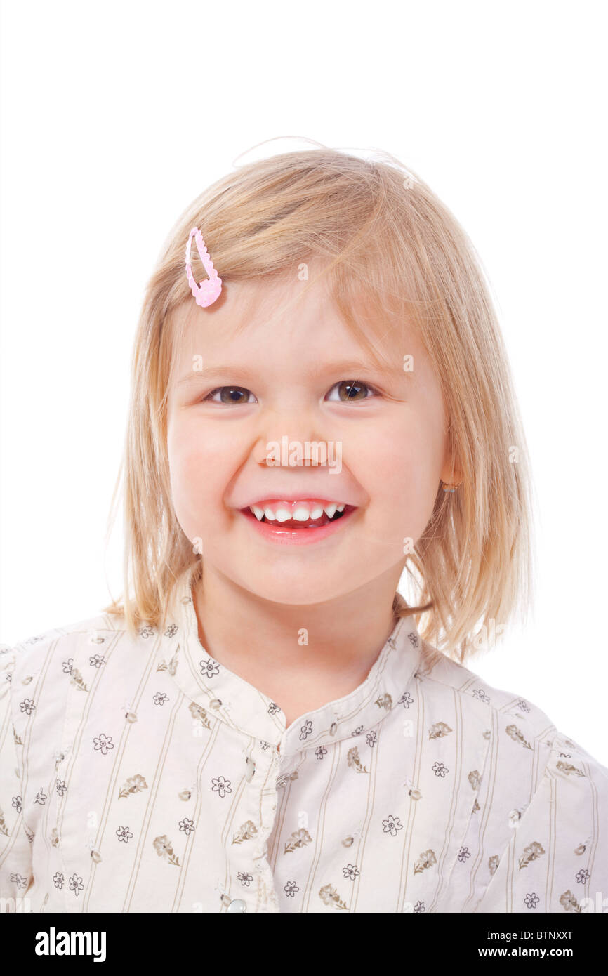 Porträt eines Mädchens mit blonden Haaren, lächelnd - isoliert auf weiss Stockfoto