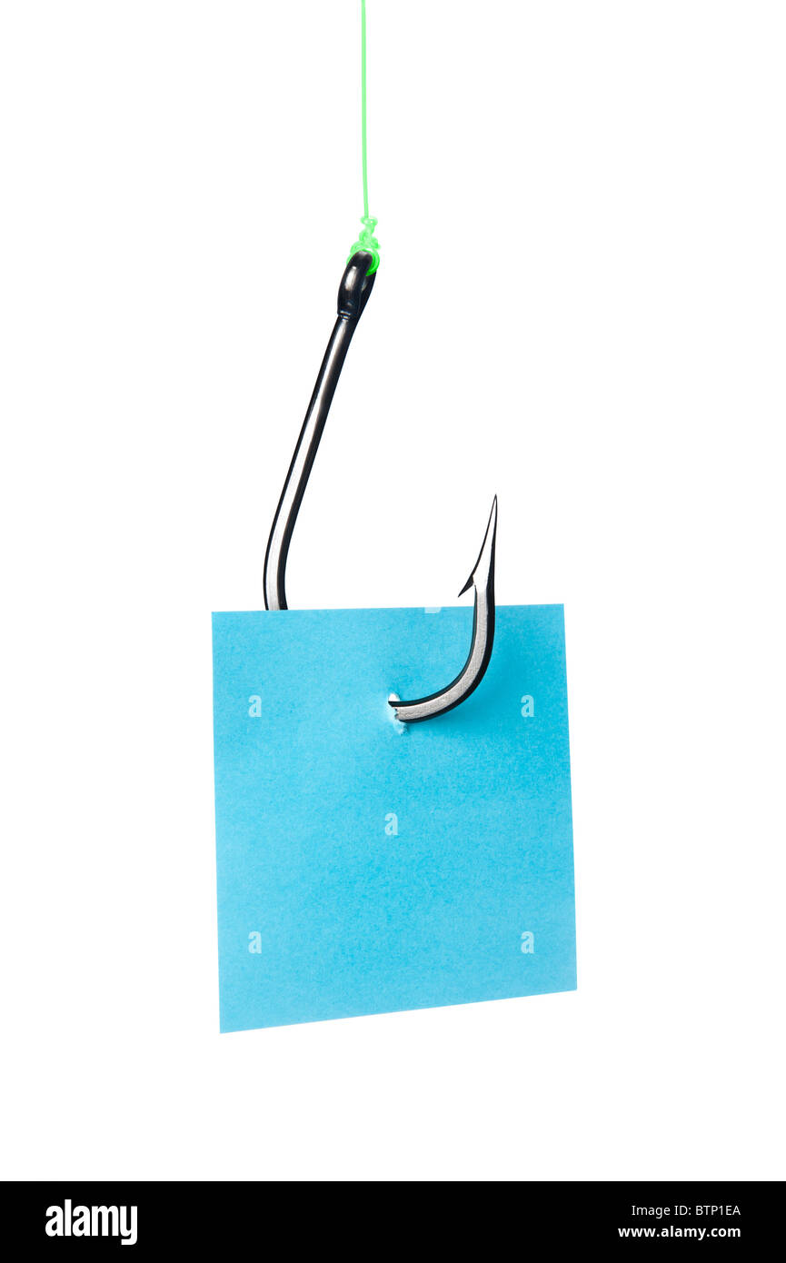 Eine blaue untersetzt Notiz mit Platz für Kopie auf einem Edelstahl-Angelhaken. Stockfoto