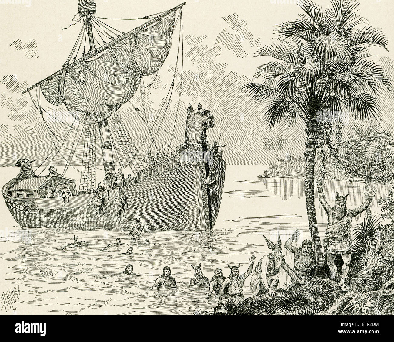 Die nordischen Häuptling Eric rot, mit seinem Schiff und Männer, landen auf Grönland im 10. Jahrhundert A.D. Stockfoto