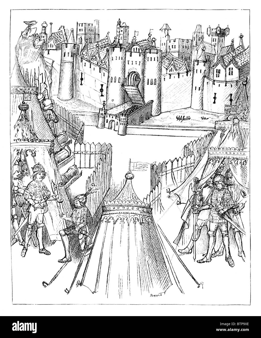 Belagerung von Rouen 1418; Schwarz / weiß Darstellung aus dem Manuskript Beauchamp Festzug Stockfoto
