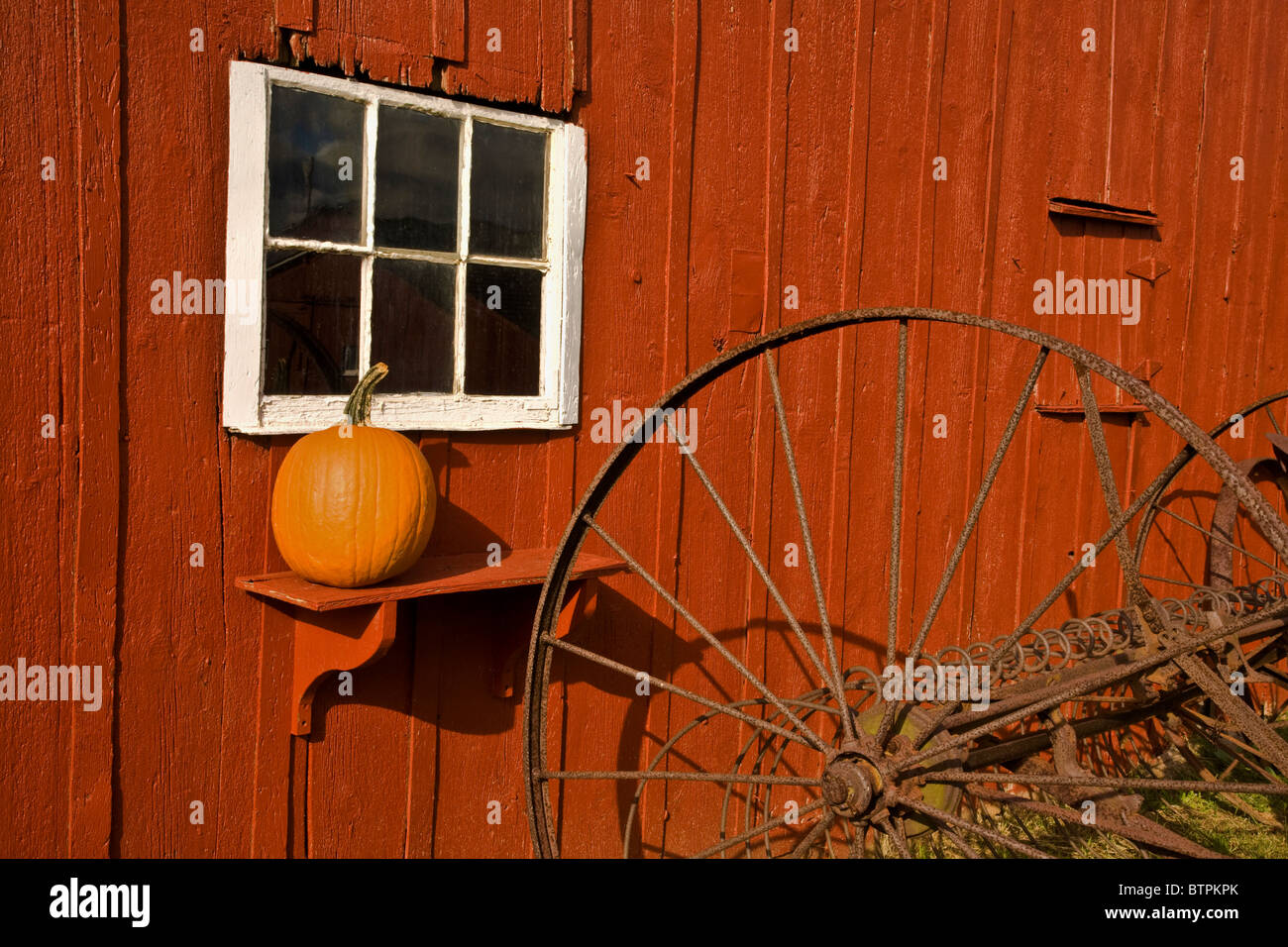 Vintage close up rote Scheune Herbst Kürbis Fenster, antike Heurake Rad abstrakt, Halloween Kürbisse, alte Farm, New Jersey Farm, NJ, USA, USA Stockfoto