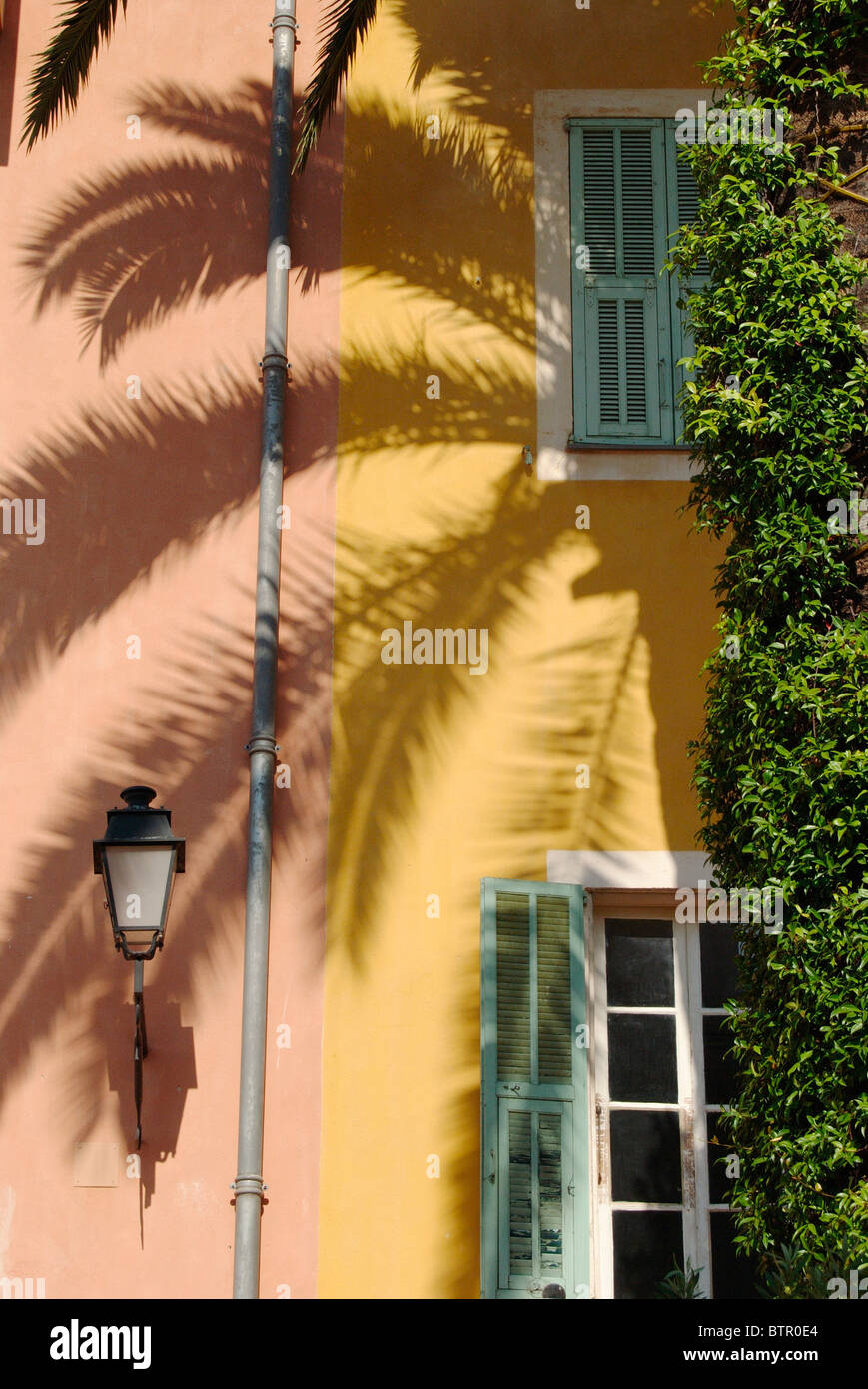 Frankreich, Villefranche-Sur-Mer, Schatten der Palme auf Gebäude Stockfoto