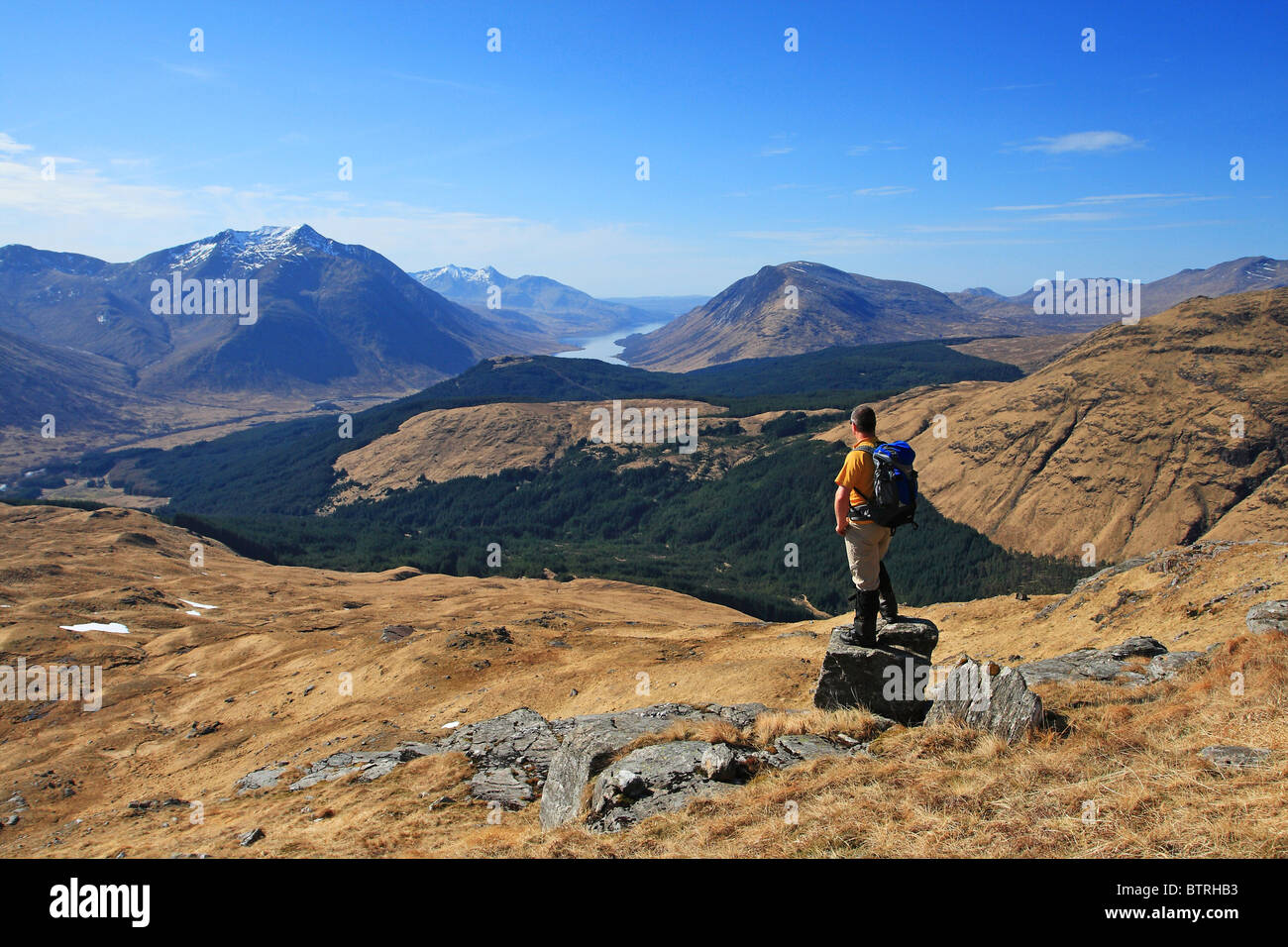 Hillwalker auf Beinn Maol Chaluim Blick nach Westen auf Ben Starav. Stockfoto