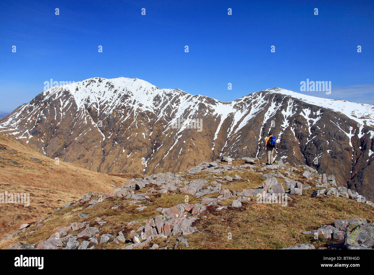 Hillwalker auf Beinn Maol Chaluim Blick auf Bidean Nam Bian. Stockfoto