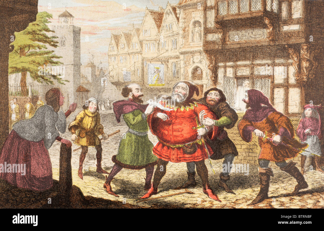 Frau Quickly hat Sir John Falstaff in Henry IV, Teil2 von William Shakespeare verhaftet. Stockfoto