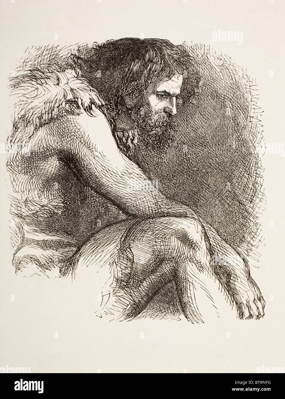 Timon in seiner Höhle von Timon von Athen von William Shakespeare. Urmenschen, bärtig und in Tierfelle gekleidet. Stockfoto