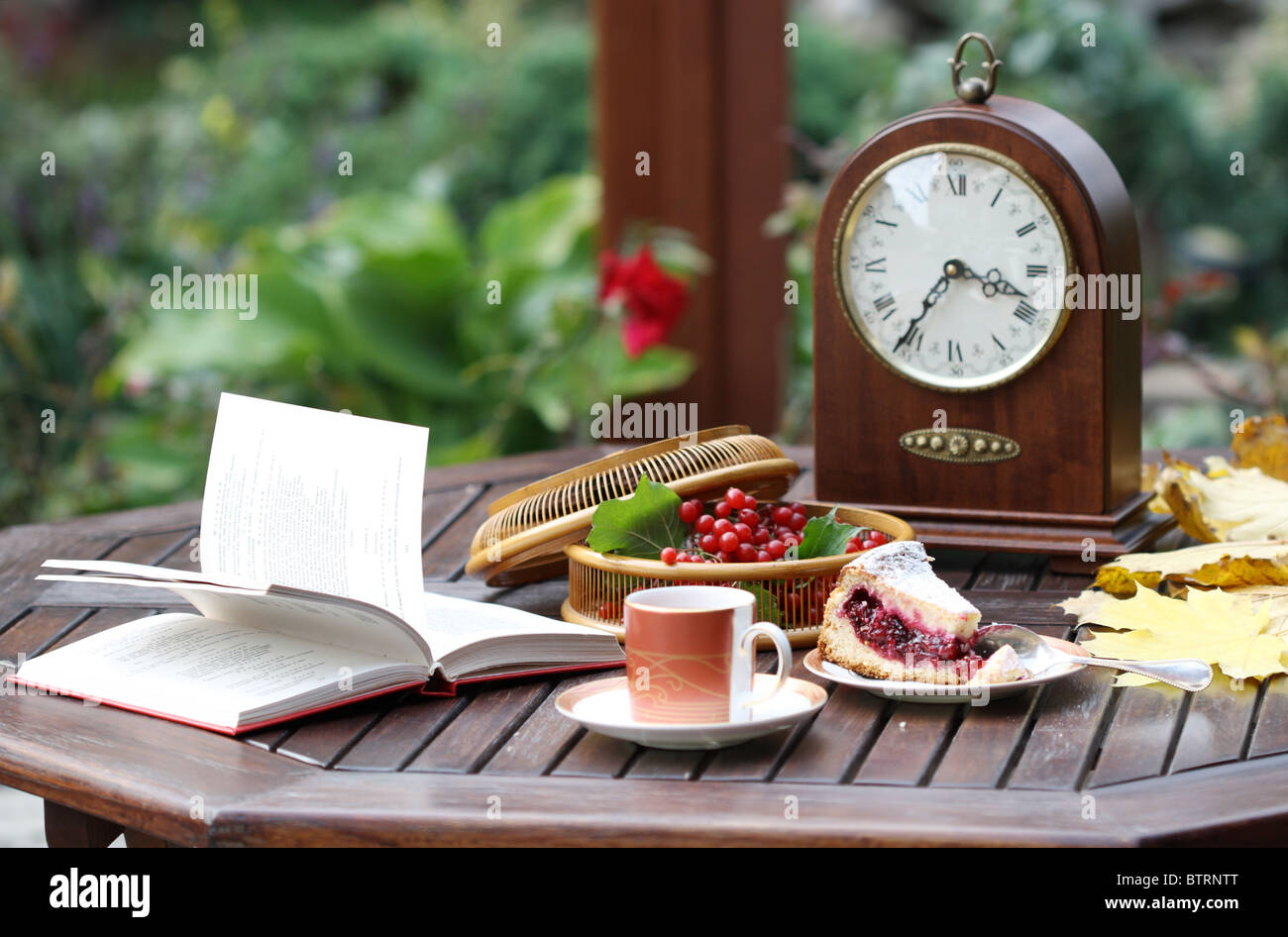 Kaffee, Kuchen und Buch auf dem Tisch im Pavillon Stockfoto