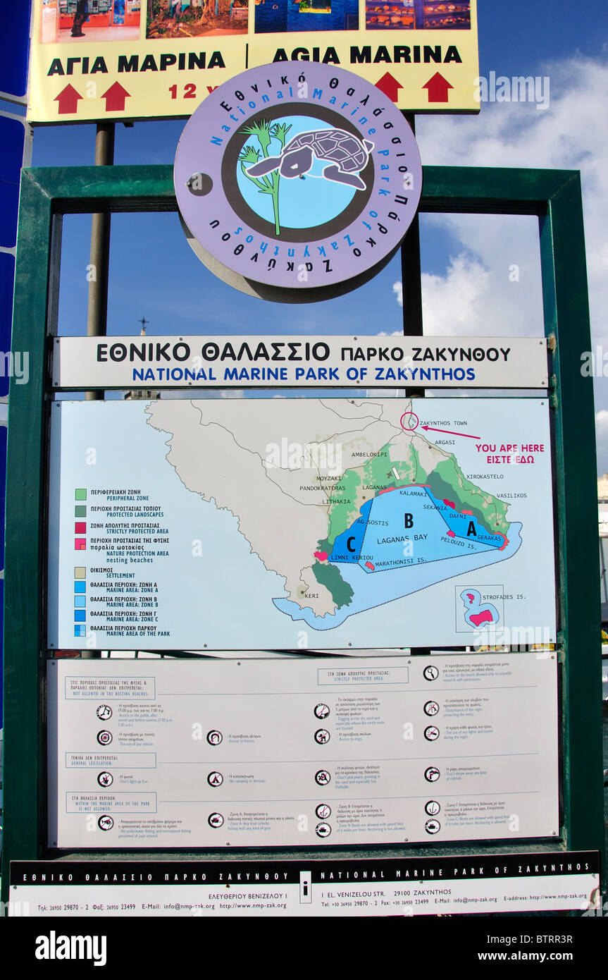 National Marine Park of Zakynthos Schild am Hafen von Zakynthos-Stadt, Zakynthos, Ionische Inseln, Griechenland Stockfoto