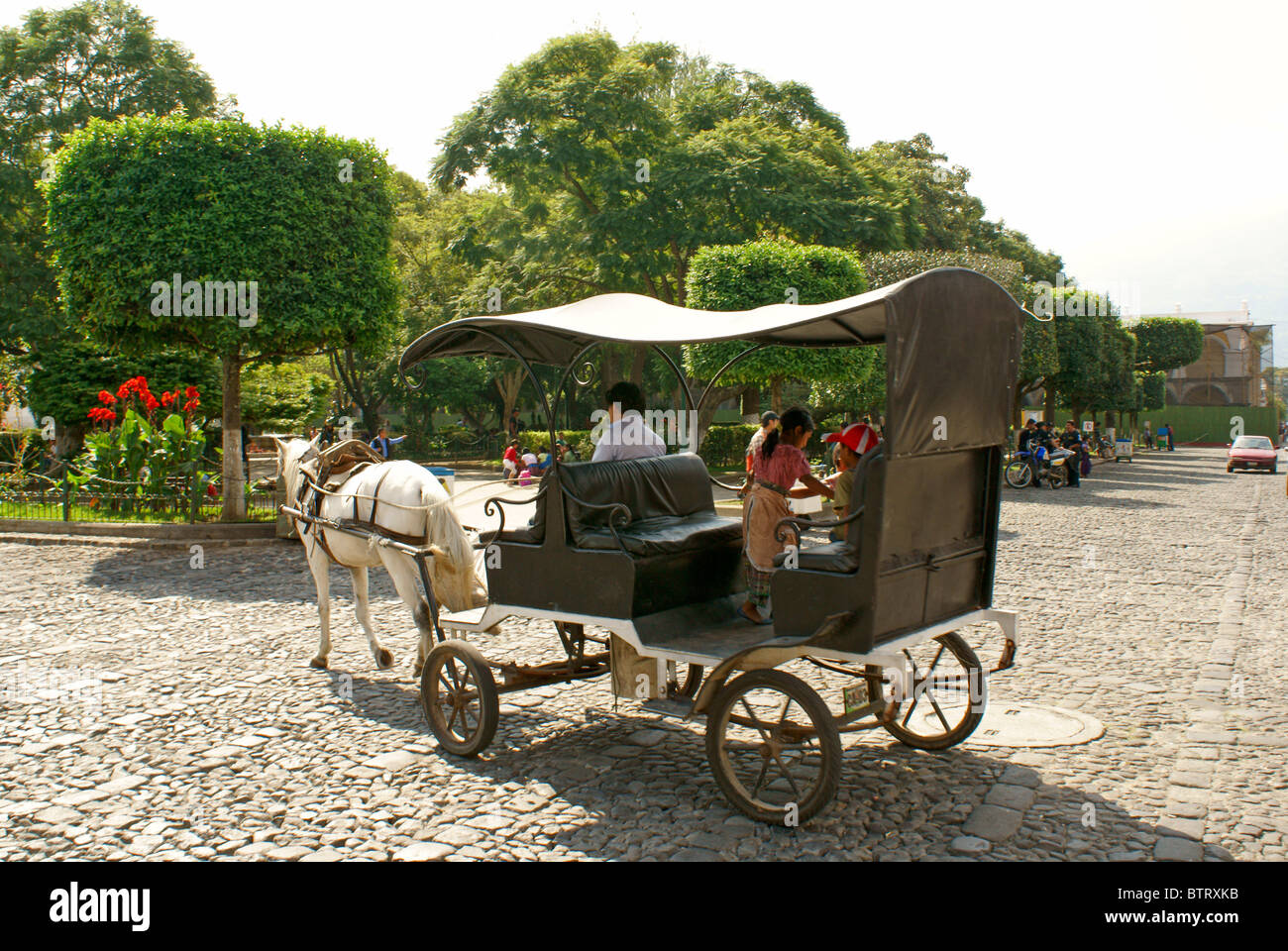 Pferd und Wagen in Antigua, Guatemala. Antigua ist ein UNESCO-Weltkulturerbe. Stockfoto