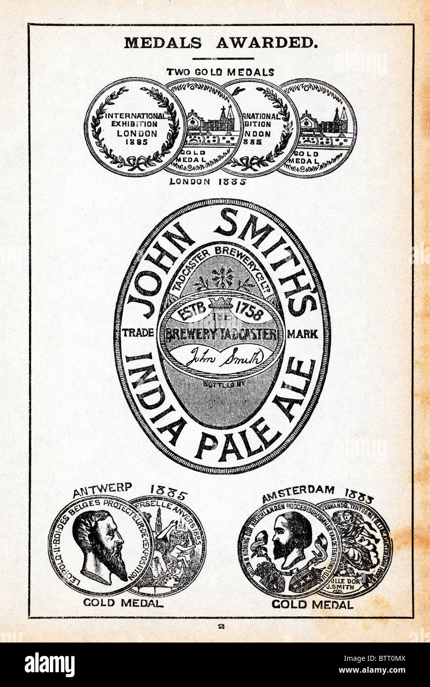 John Smiths, India Pale Ale, späten viktorianischen Anzeige für den Yorkshire Brauer die Vorzüge seiner IPA mit Auszeichnungen Stockfoto