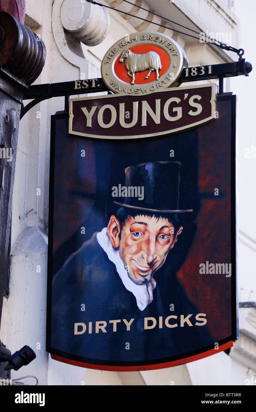 Dirty Dicks Pub Schild, 220 Bishopsgate, London, England, Vereinigtes Königreich Stockfoto
