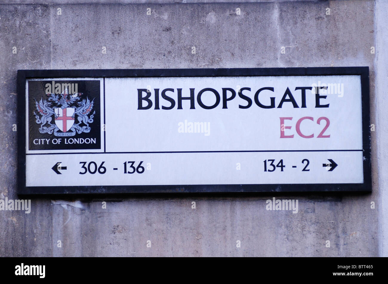 Bishopsgate Straße Zeichen, London, England, UK Stockfoto