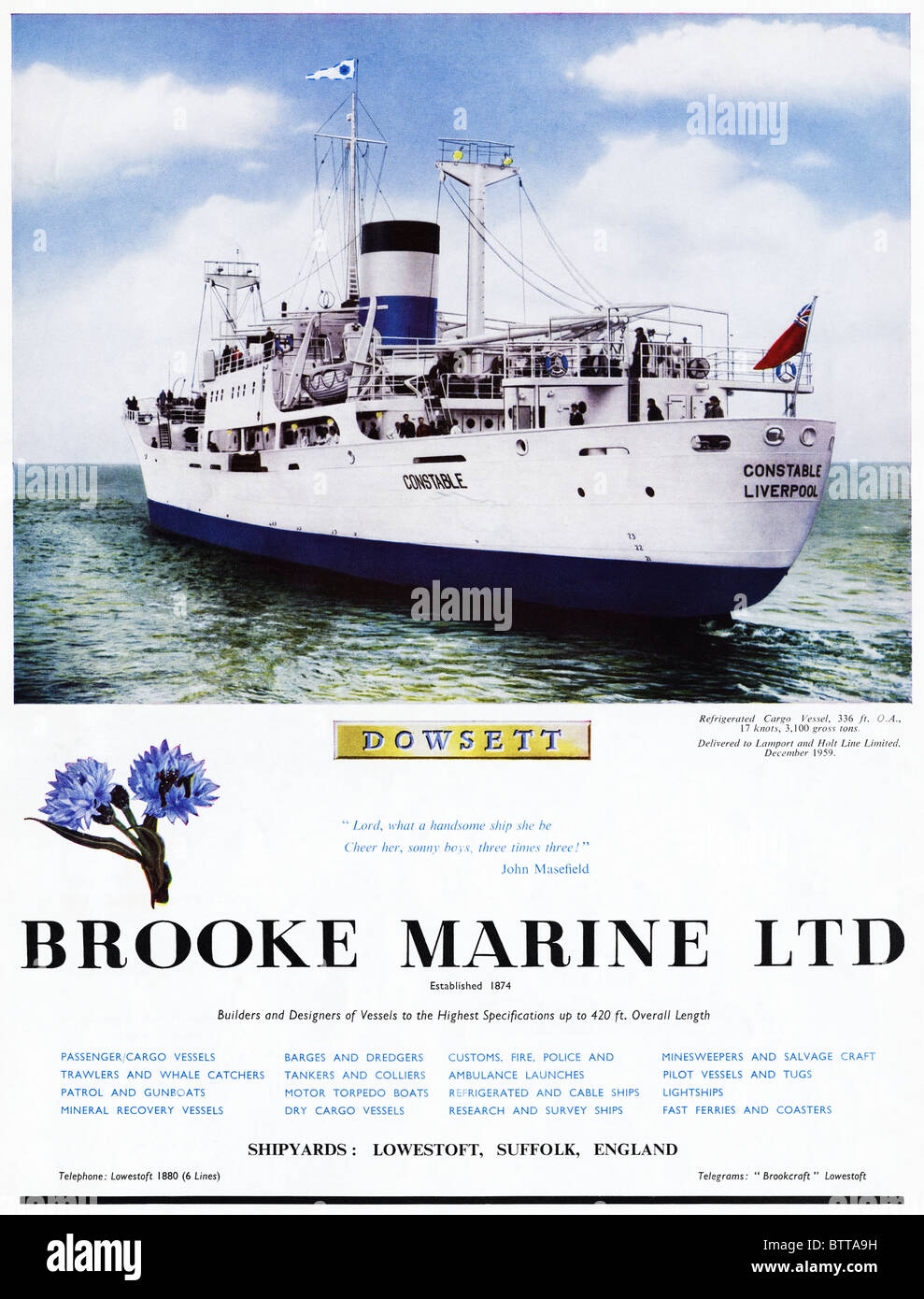 Ganzseitige Anzeige in der englischen Zeitschrift ca. 1960 für Brooke Marine Ltd Werften und Designern von Lowestoft, Suffolk Stockfoto