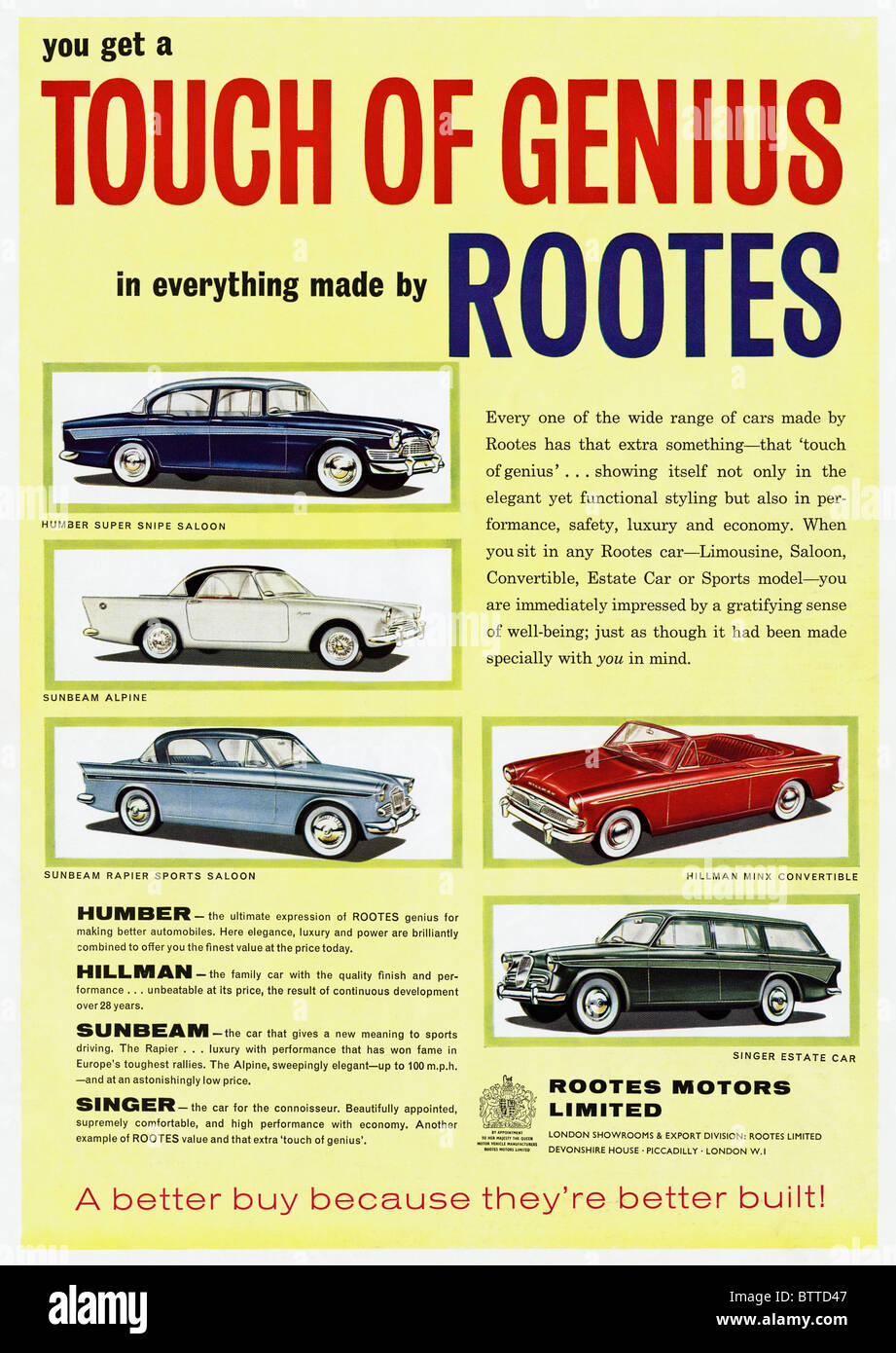 Ganzseitige Anzeige in der englischen Zeitschrift ca. 1960 für Rootes Motors Ltd Stockfoto