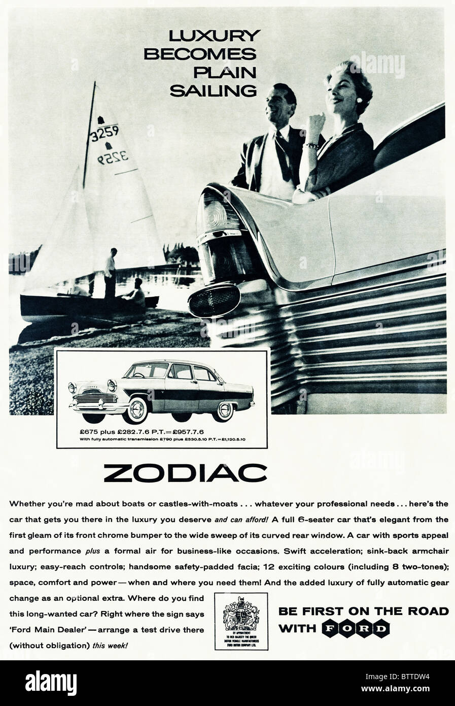 Ganzseitige Anzeige im englischen Magazin ca. 1960 für Ford Zodiac Auto- Stockfoto