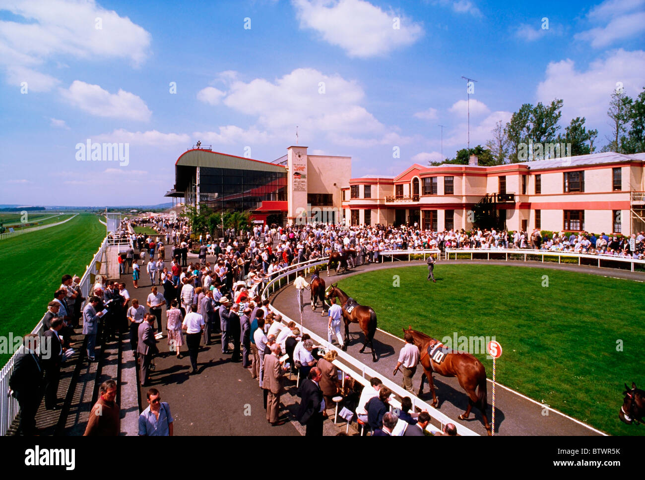 Co Kildare, Irland; Zuschauer, die Pferde In den Ring an der Galopprennbahn Curragh Stockfoto