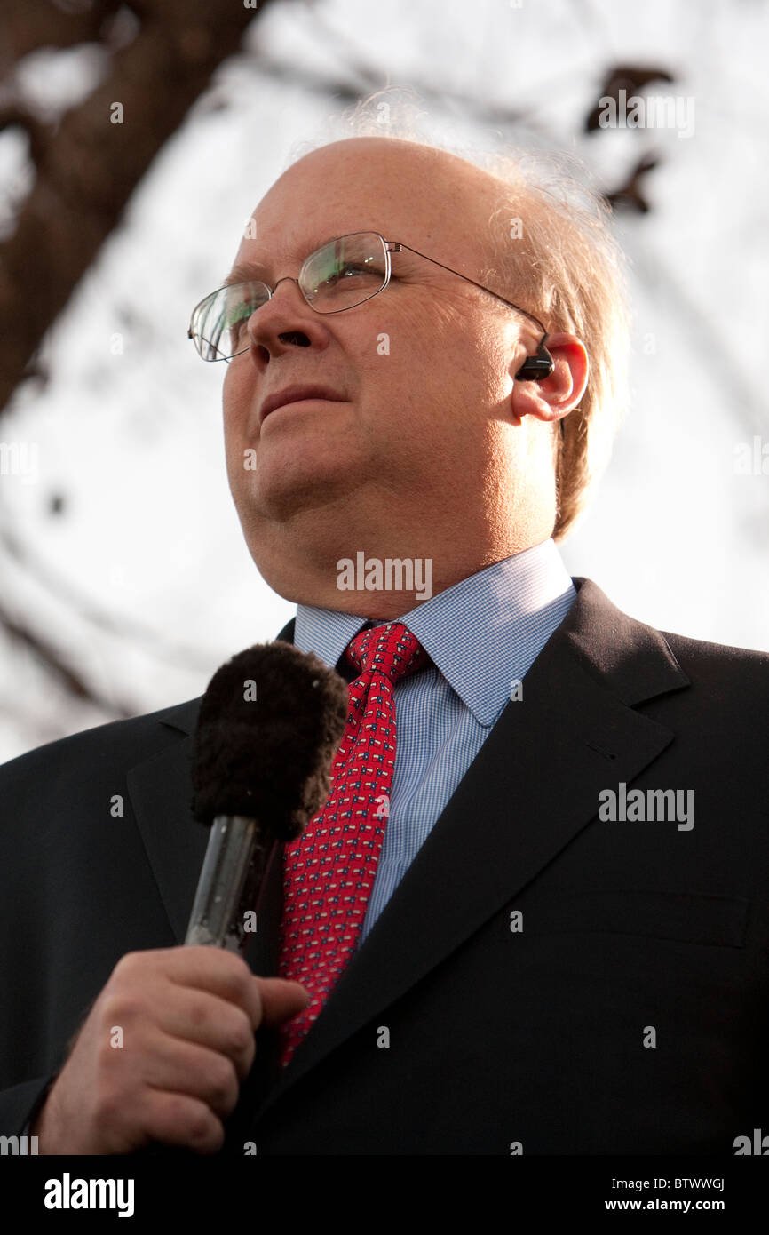 Ehemaliger g.w. Bush Administration und Kampagne Berater Karl Rove tritt in den Medien zur Deckung von Büschen Rückkehr nach Texas am Ende der Laufzeit Stockfoto