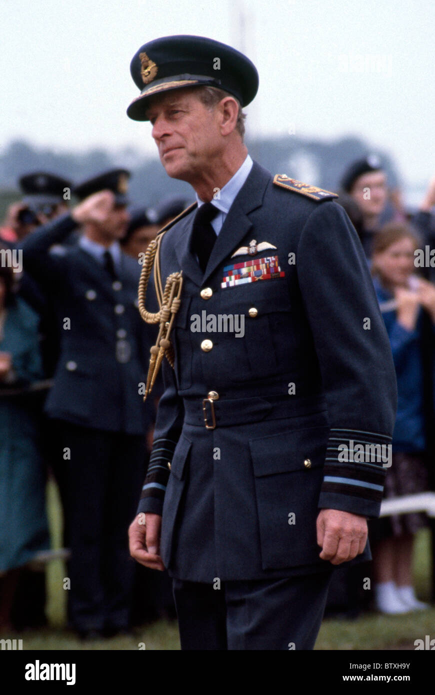 WITTERING, Vereinigtes Königreich - 21 Juni: Prinz Philip bei einem Besuch in RAF Wittering am 21. Juni 1982. Stockfoto