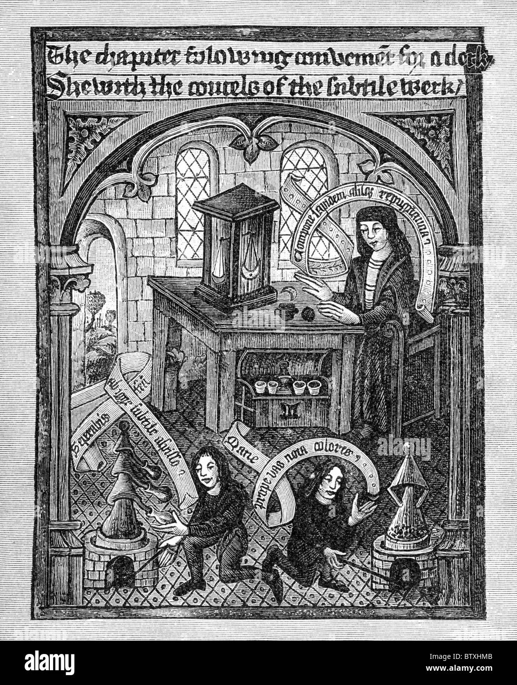 Alchemisten am Arbeitsplatz; Von The Ordinall Alchymy, geschrieben in Vers, von Thomas Norton, Bristol um 1480-1490 Stockfoto