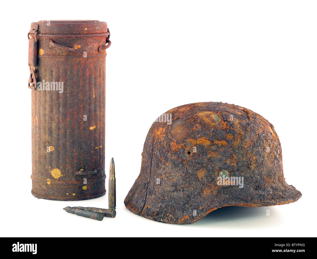 Schutzhelm und der Container für eine Gasmaske Stockfoto