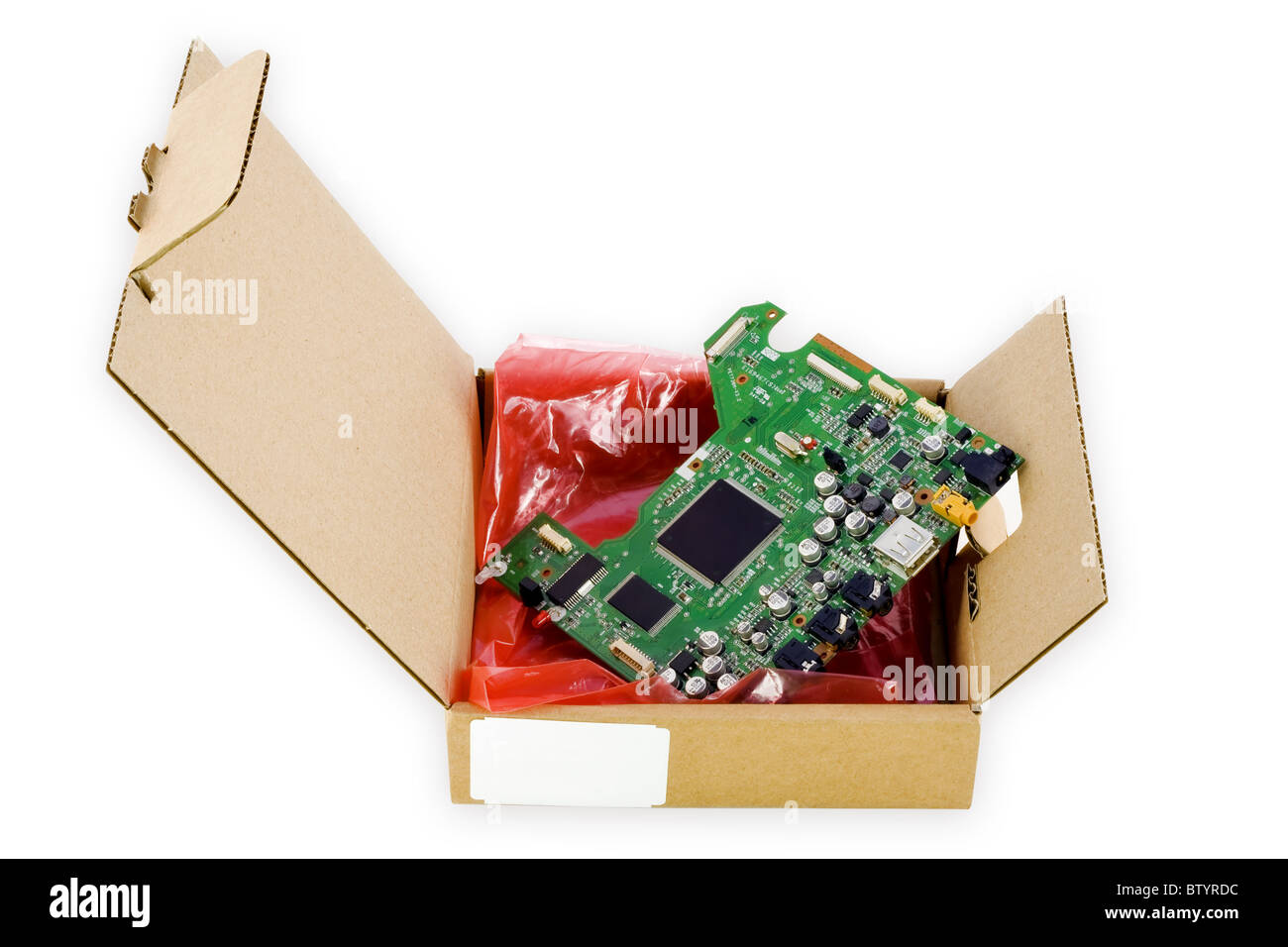 Kartonverpackung für elektronische Ersatzteile Stockfoto